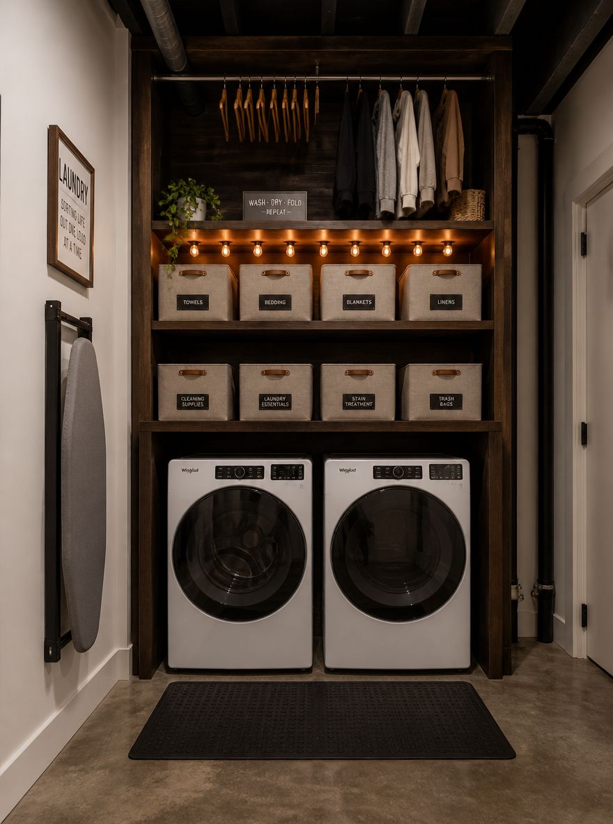 Walnut shelving system with machines in lower open bay