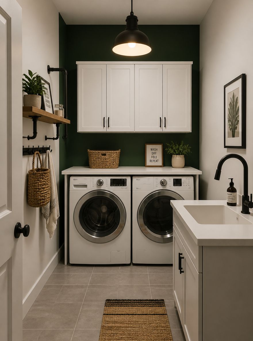 Deep green accent wall behind white upper cabinets