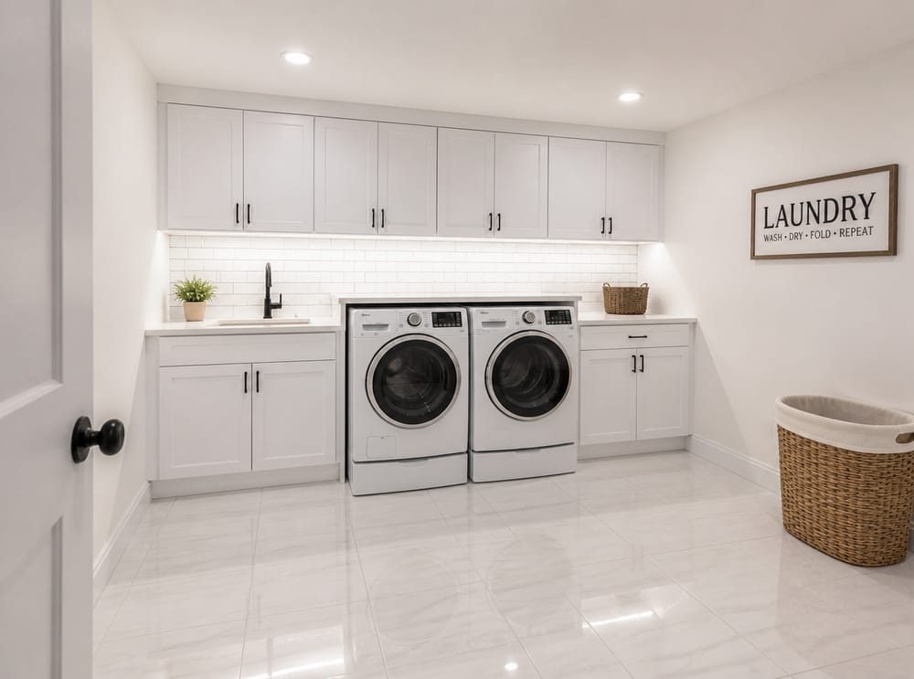 Bright white renovation with pedestal machines and subway tile
