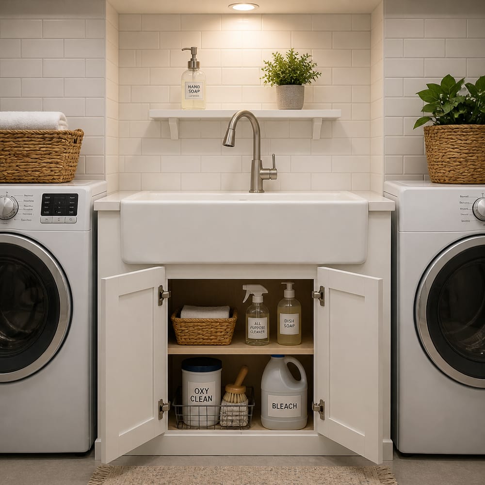 Farmhouse utility sink with open shelf above