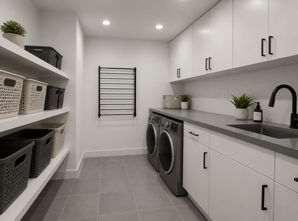 Gray quartz counter with matte black faucet and drying rack