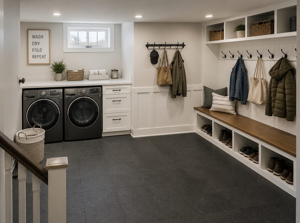 Combined laundry and mudroom with bench and coat hooks