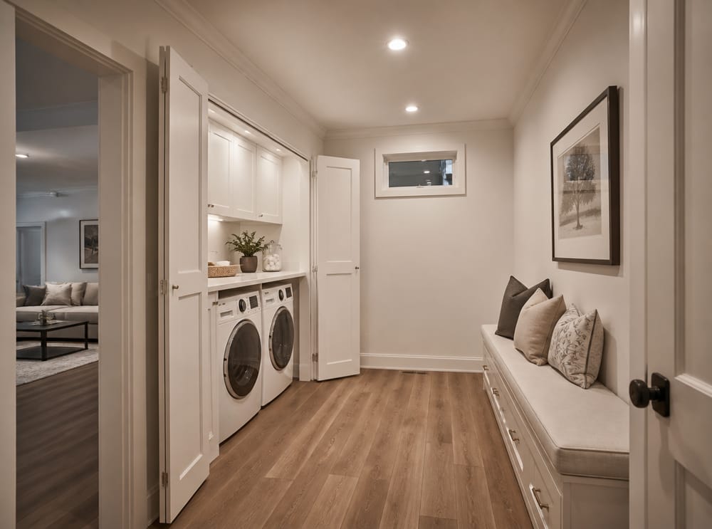 Appliances concealed behind paneled doors matching surrounding cabinetry