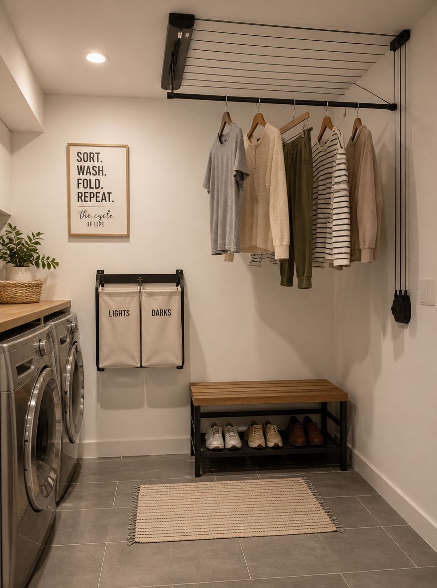Retractable ceiling clothesline above slatted wood bench