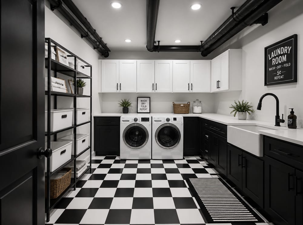 Checkerboard tile floor with black and white cabinet contrast