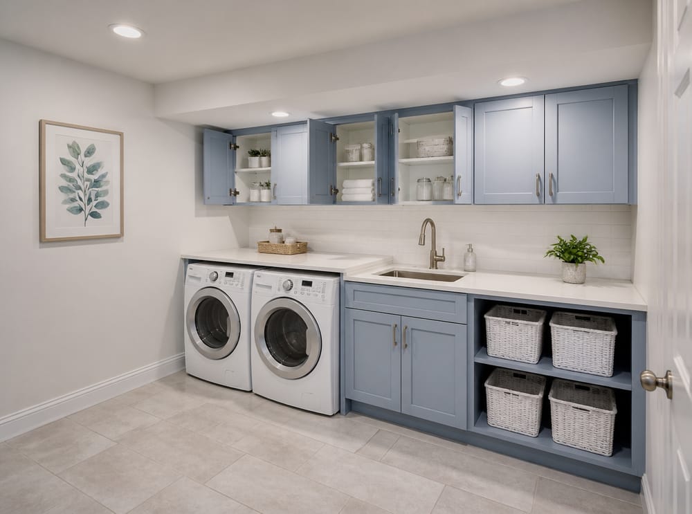 Powder blue upper cabinets with white subway tile backsplash