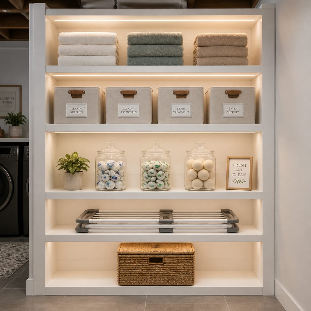 Five-shelf laundry supply unit with under-shelf LED strips
