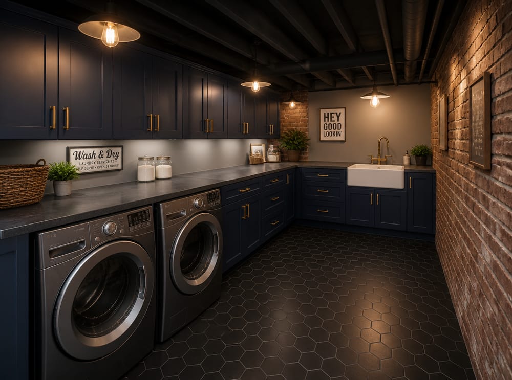 Navy cabinets and brass fixtures in moody basement palette