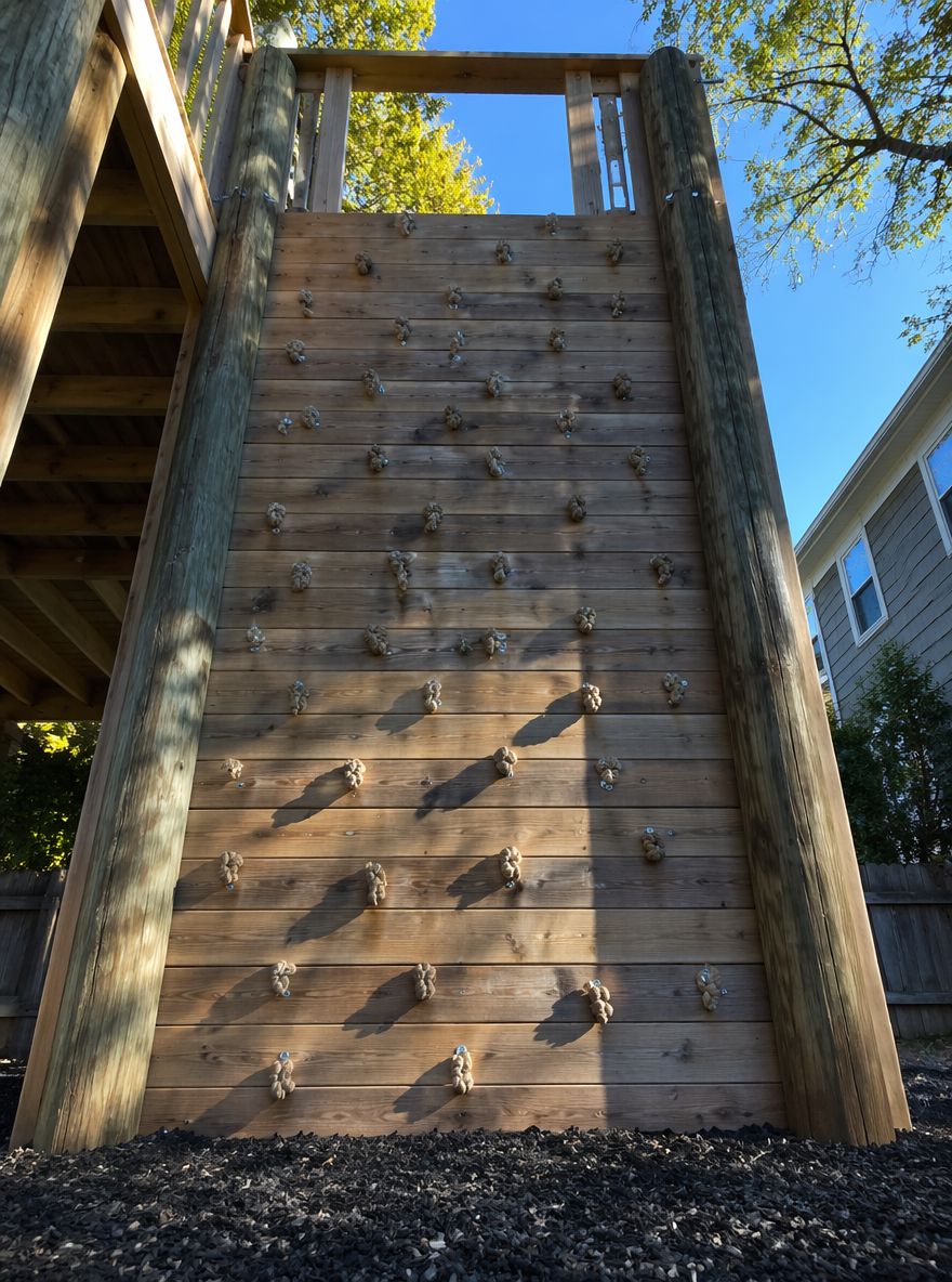 Muro de escalada con cuerdas que llega hacia el dosel del árbol