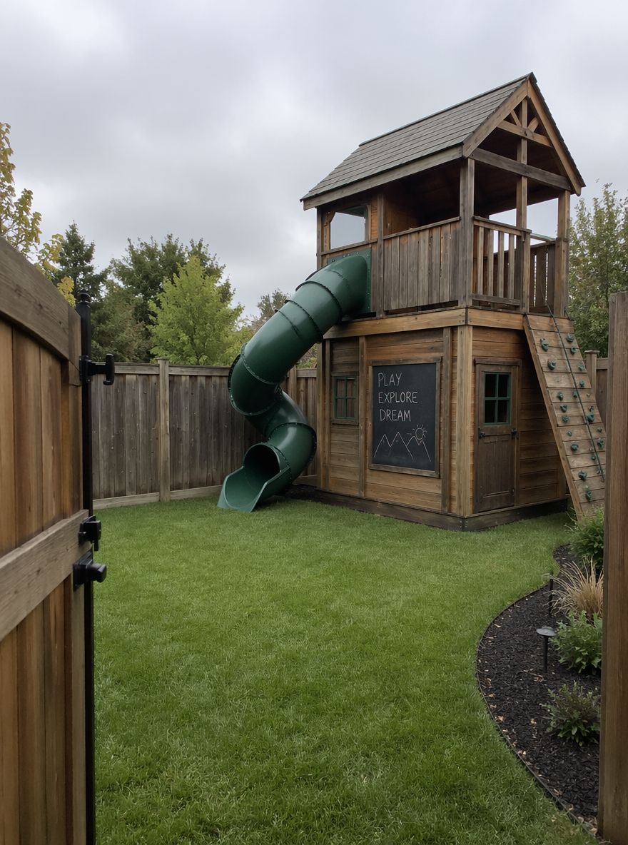 Fuerte de dos pisos con terraza cubierta y tobogán tubular