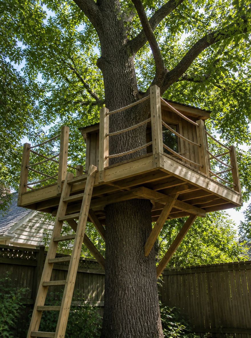 Plataforma de casa del árbol rodeando tronco de roble