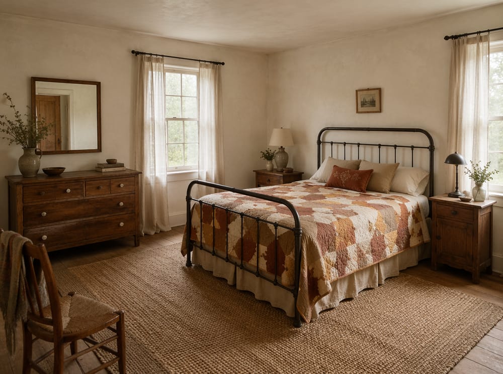 Cama de hierro con mesas de noche de pino desparejadas