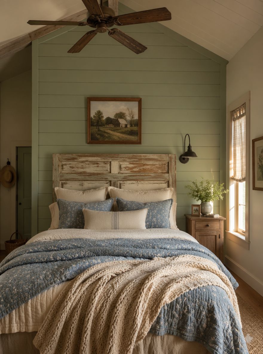 Pared de shiplap detrás de almohadas de lino apiladas