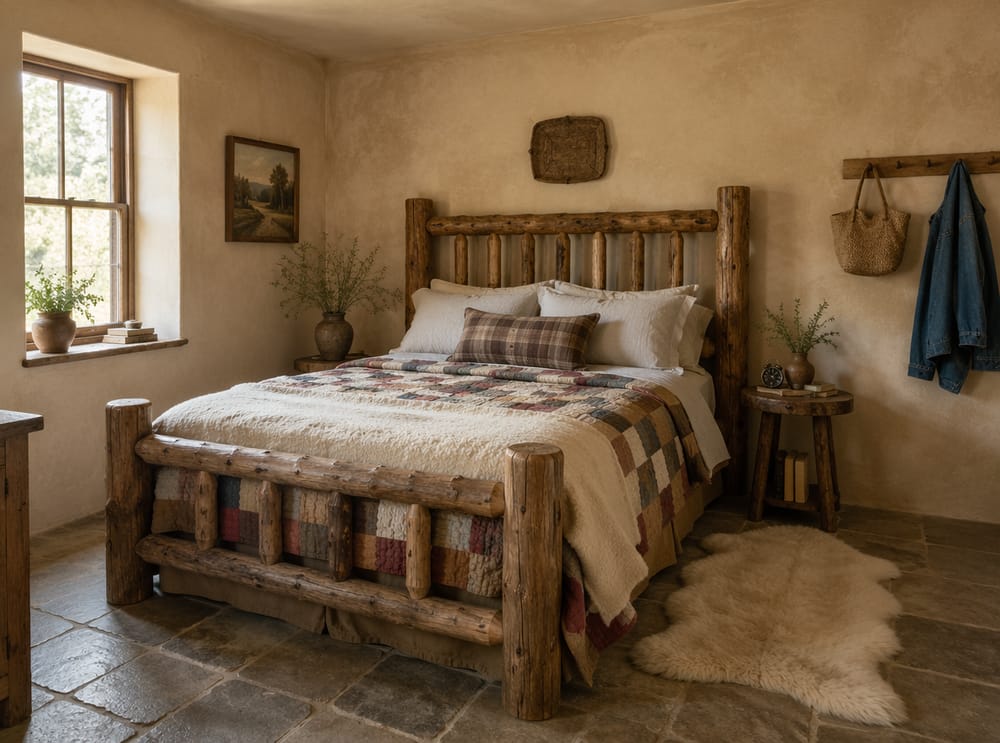 Cama de troncos con repisa de ganchos y alfombra de piel de oveja