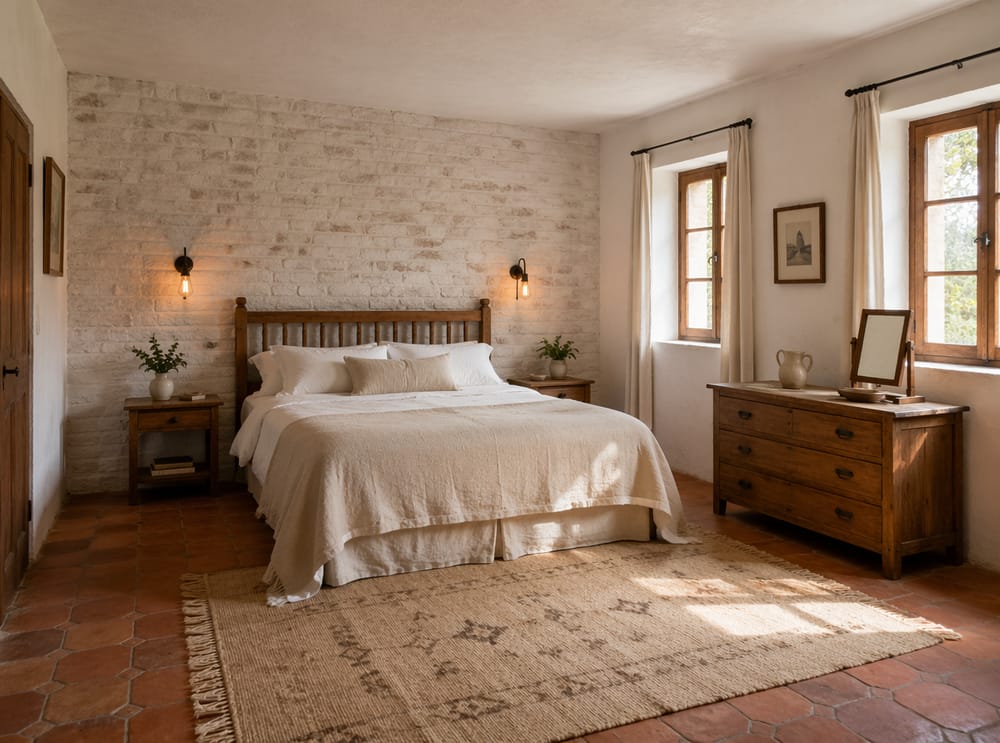 Pared de ladrillo encalada tras cama de madera de listones