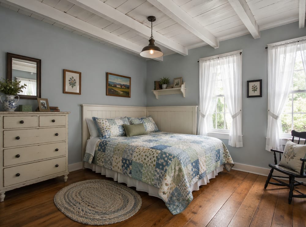 Cama en la esquina con patchwork azul y verde