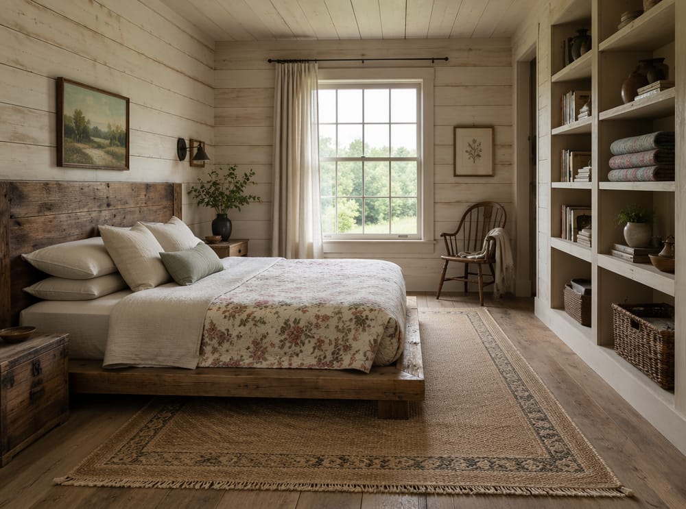 Cama baja junto a estanterías abiertas