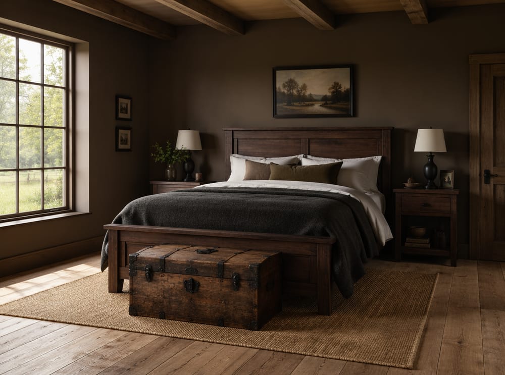 Cama de nogal oscuro contra paredes marrón cálido