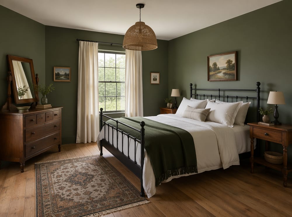 Cama de hierro negro mate frente a paredes verde salvia
