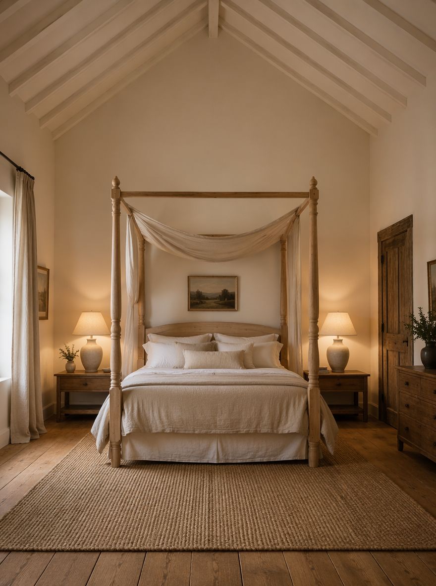 Cama con dosel de pino sin tratar y cortina de lino