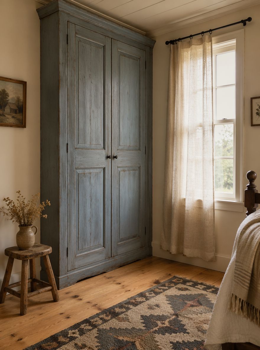 Armario alto pintado junto a ventana estrecha con cortina de lino