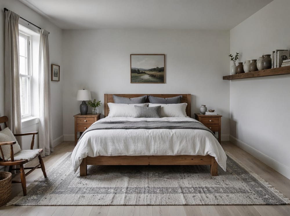 Cama baja de madera con estante de cerámica al costado