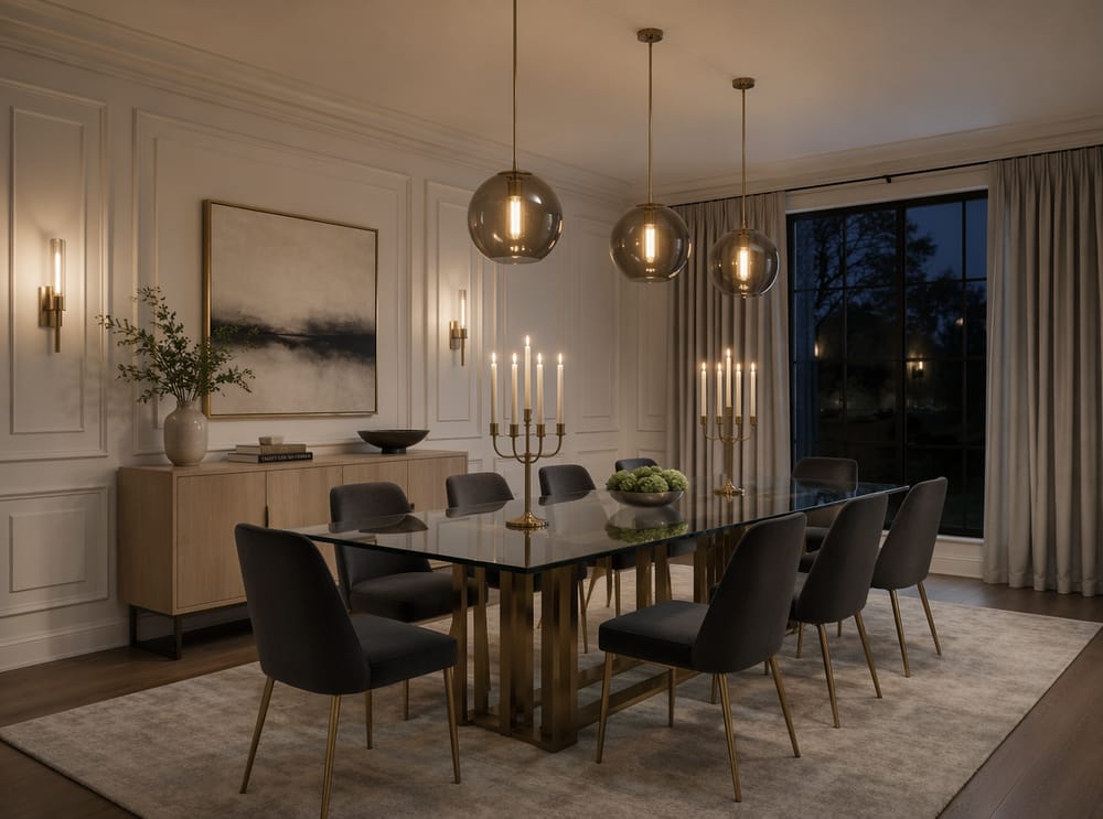 Glasbord under røgfarvede glaskuglependler, aftenstemning