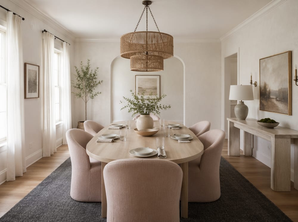 Ovalt bord i afbleget eg med rosa stole og rattanlysekrone