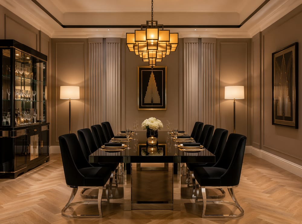 Art Deco-lakeret bord med lys gylden glaslysekrone, taupe pilastre