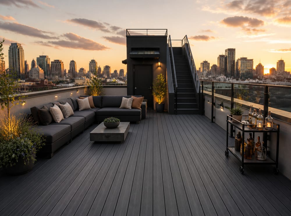 Deck sul tetto con divano modulare e vista sulla città