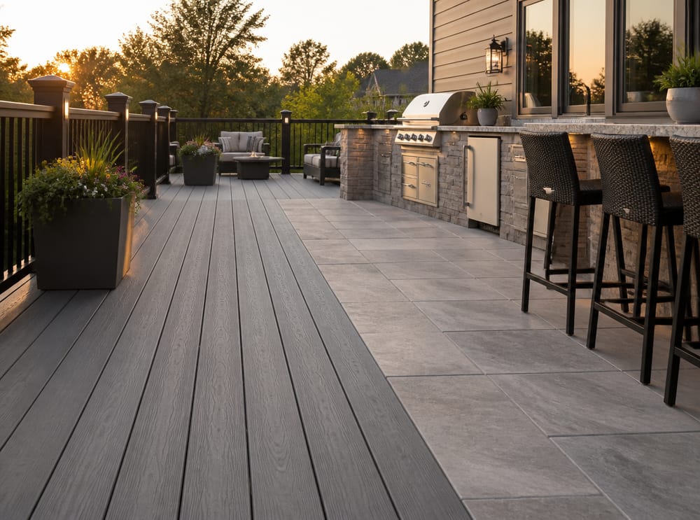 Deck composito che transita verso cucina esterna in cemento