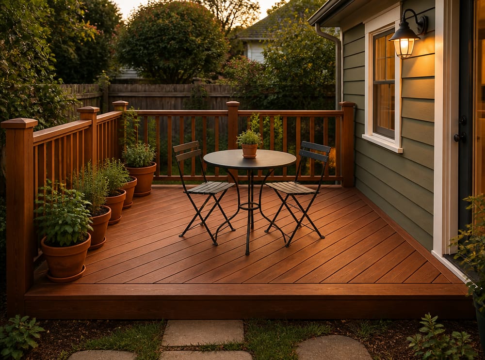 Deck diagonale in sequoia con tavolino bistrot e vasi di erbe