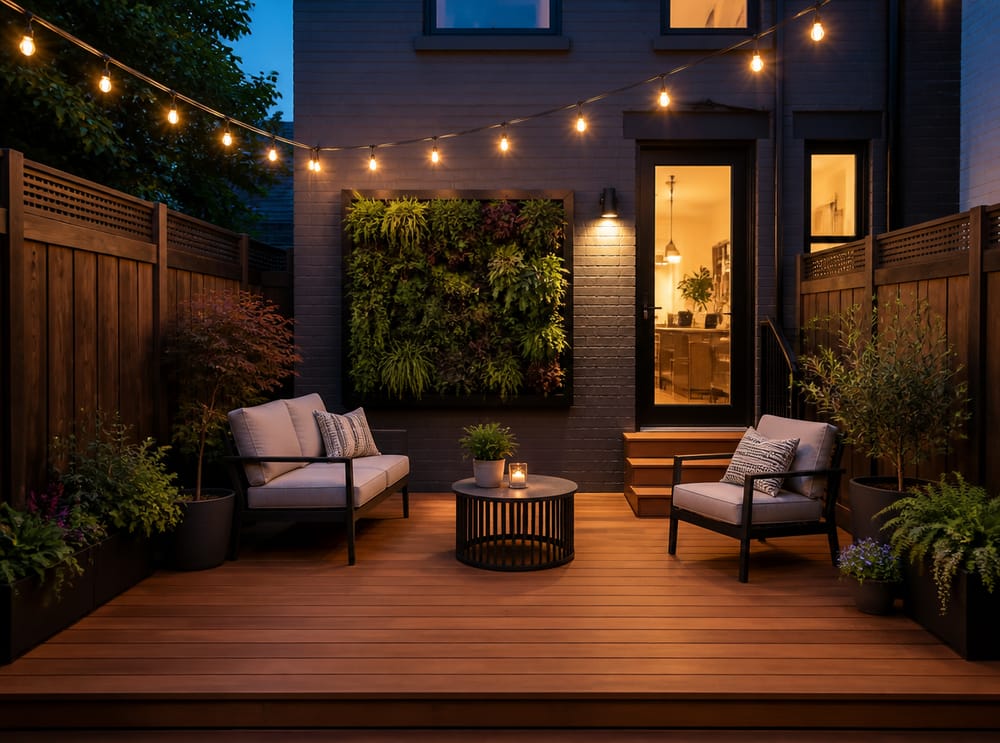 Deck compatto in teak con parete verde verticale sullo sfondo