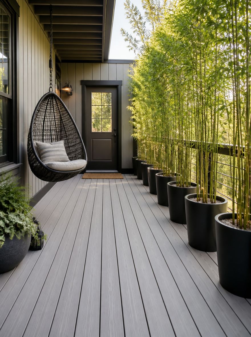 Deck stretto con schermo privacy in bambù e sedia sospesa