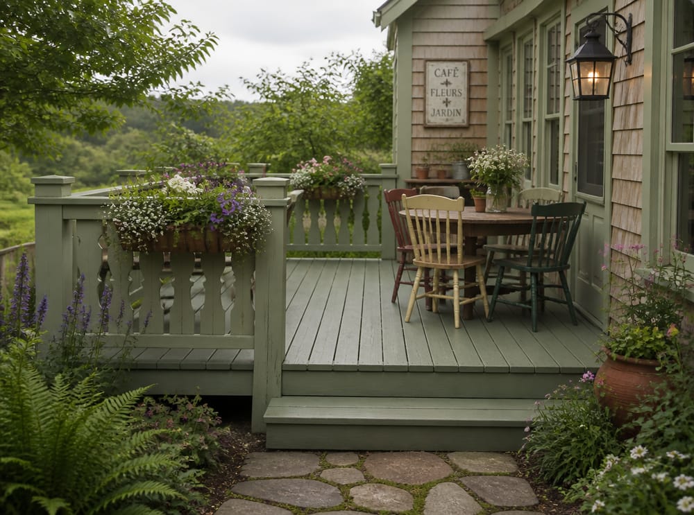 Deck cottage verde salvia con fioriere sulla ringhiera