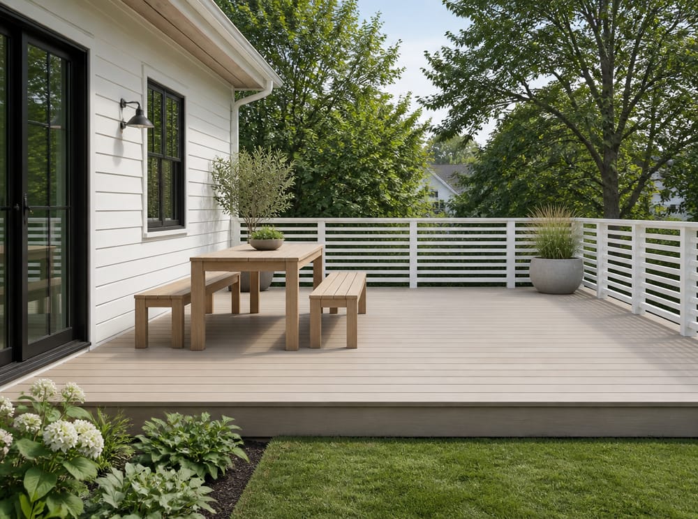 Deck composito chiaro con set pranzo minimale in teak