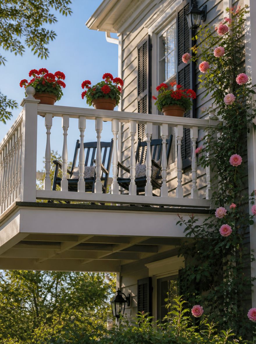 Balcone al secondo piano con sedie a dondolo e rose