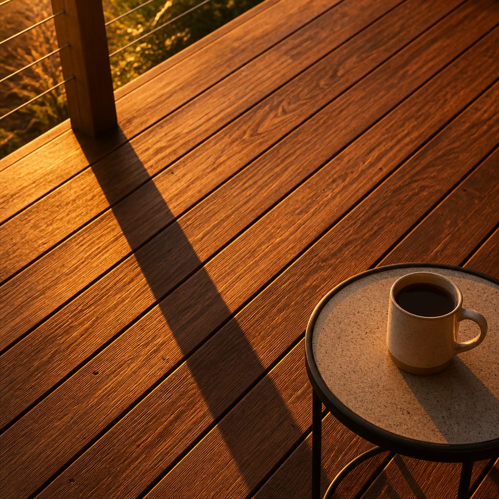 Dettaglio delle venature del deck in ipe alla luce dorata del tramonto