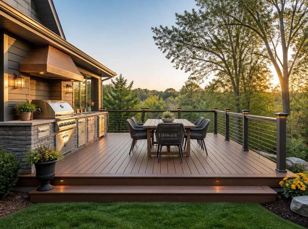 Deck con cucina esterna rivestita in pietra lungo la parete della casa