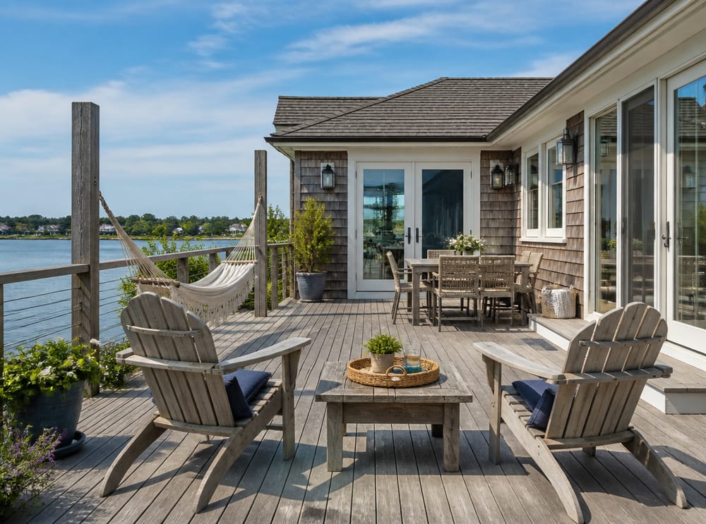 Deck costiero in teak invecchiato con amaca e sedie Adirondack