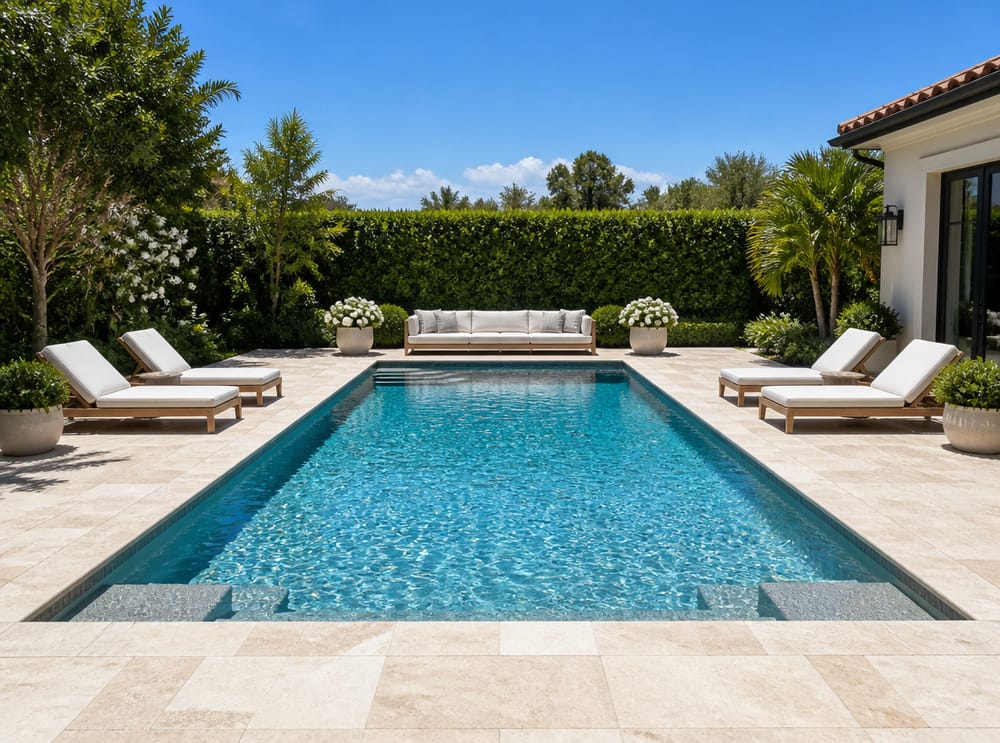 Deck piscina in travertino con lettini disposti simmetricamente