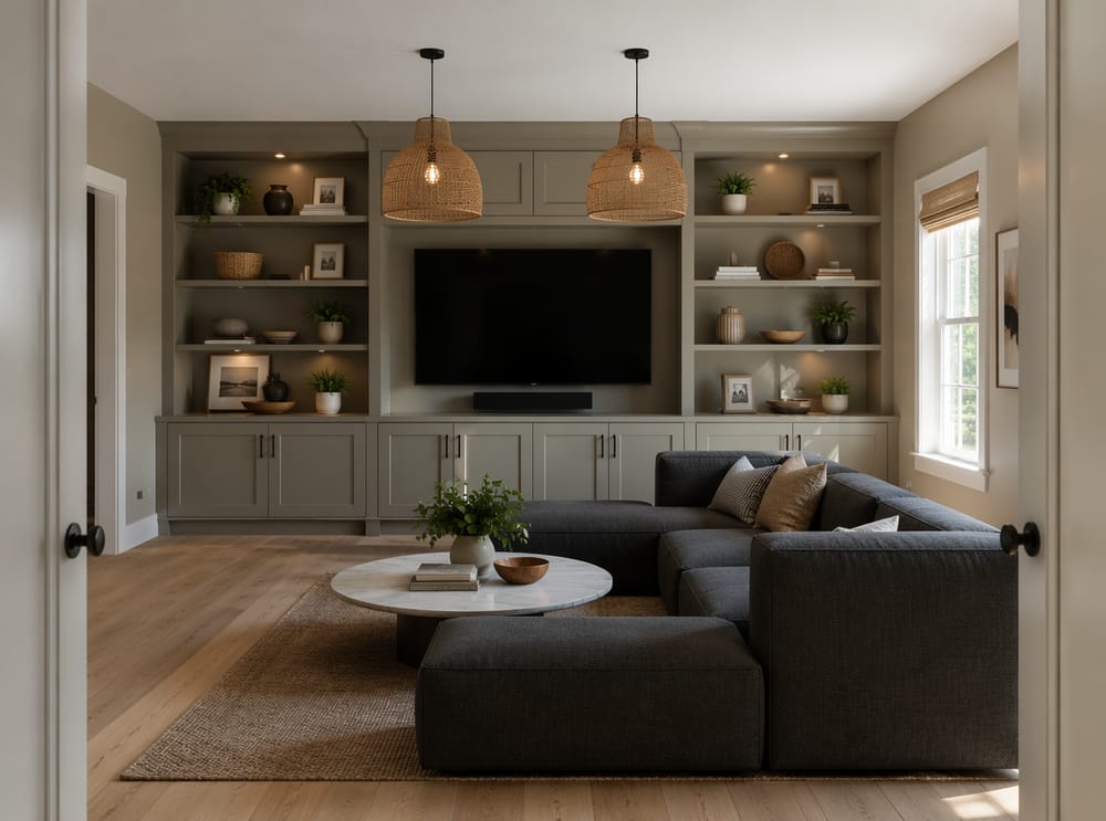 Full-wall built-in absorbs TV into storage composition