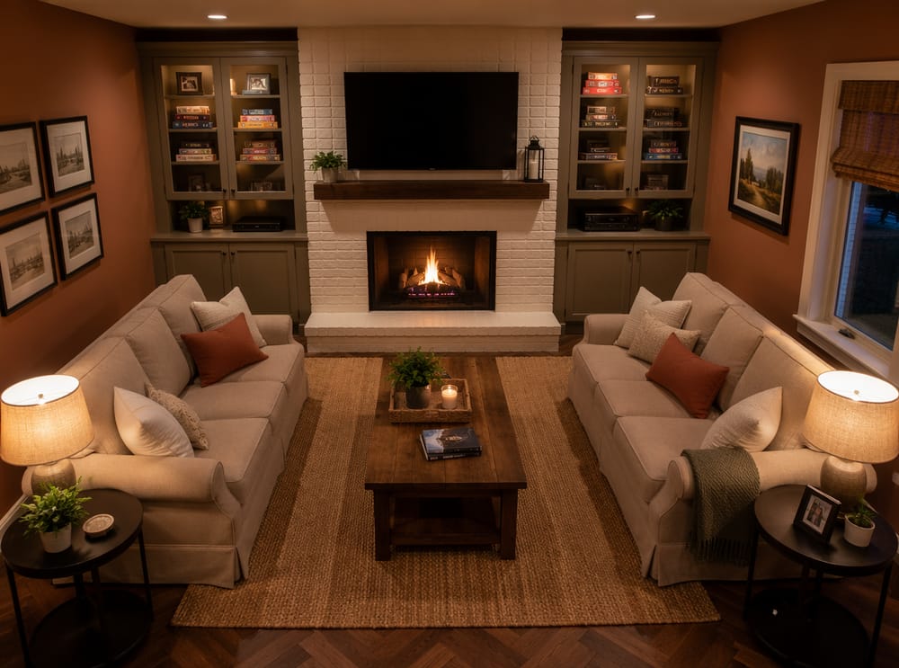 Fireplace and TV share one composed focal wall