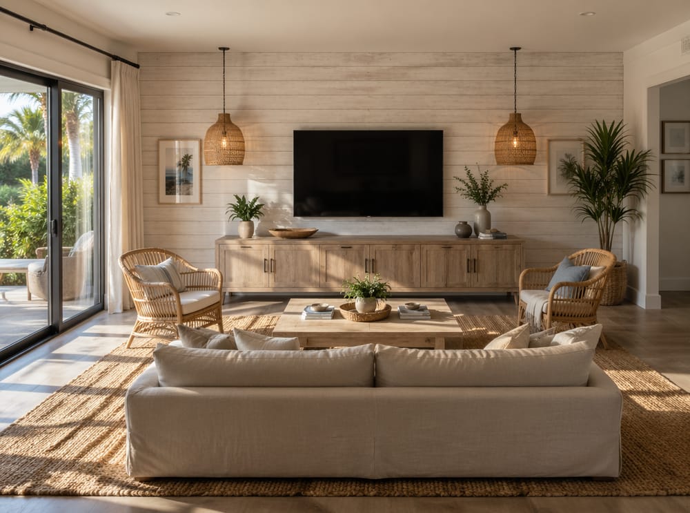 Whitewashed plank wall softens TV presence naturally