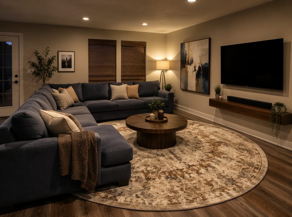Abstract painting balances TV on shared wall