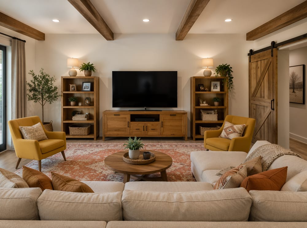 Freestanding oak media unit grounds casual seating zone