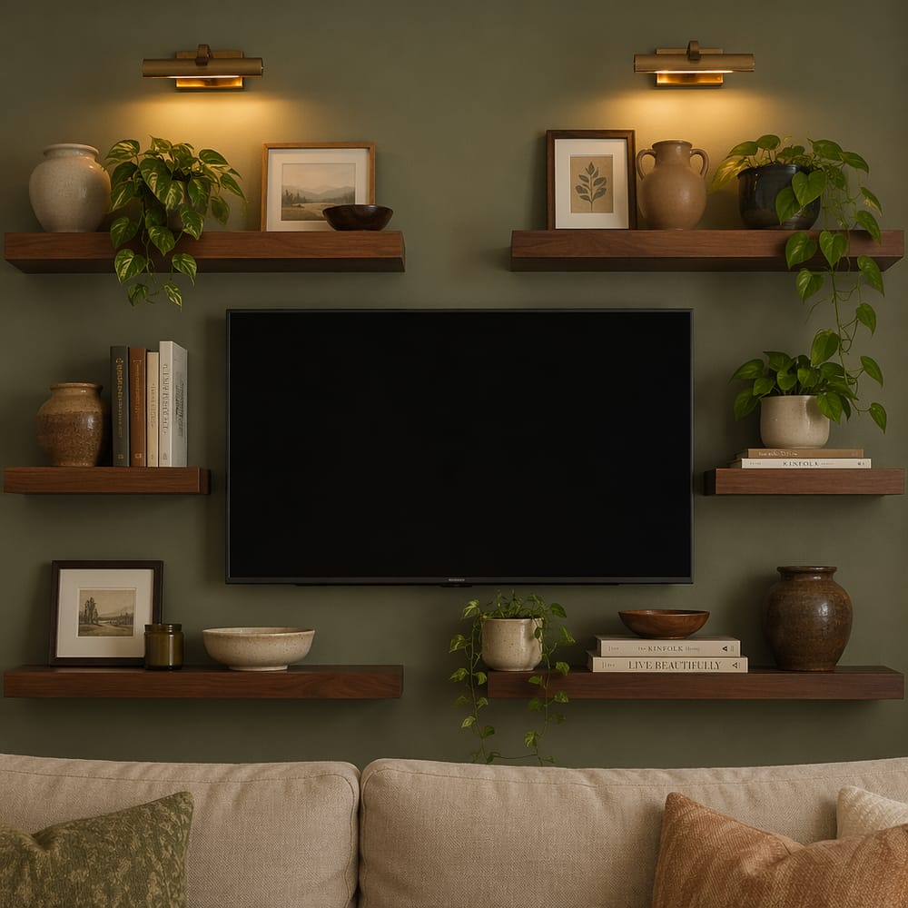 Floating walnut shelves frame powered-off screen