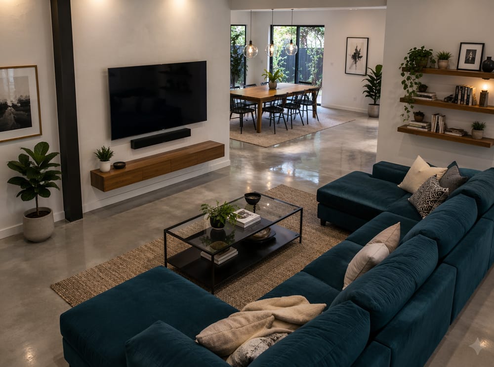 Half-wall partition divides family room from dining