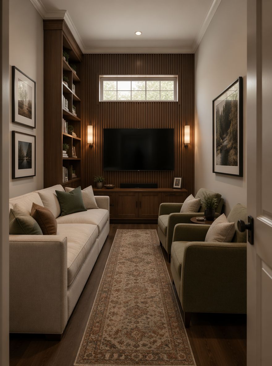 TV anchors short wall in long narrow room