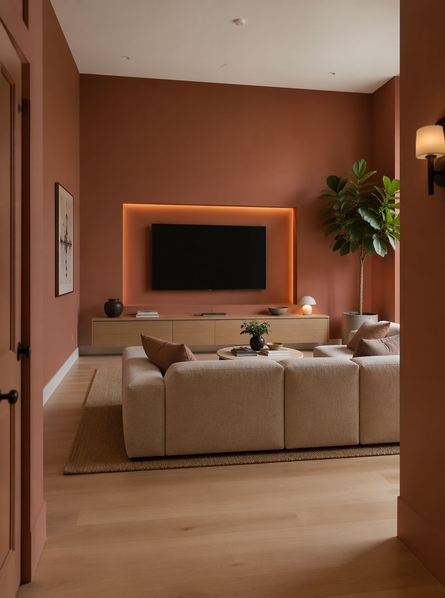 Recessed terracotta niche frames TV with ambient glow